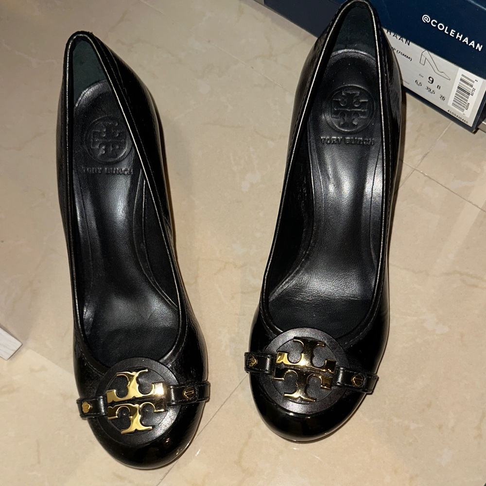 Tory Burch Black Heels with Gold Logo Accent